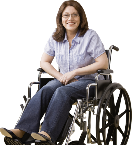 Happy, middle aged, disabled woman sitting on a wheelchair.